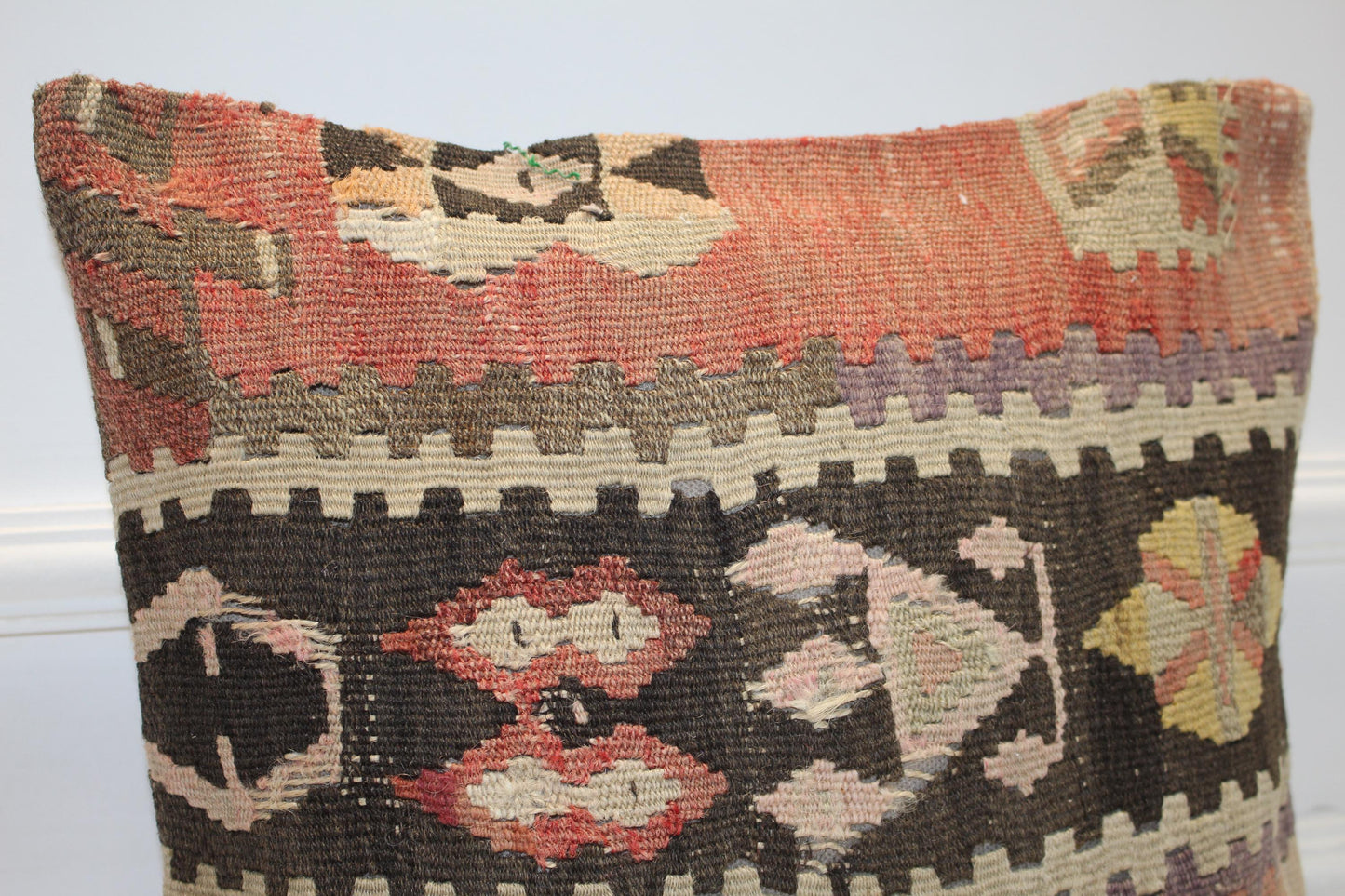Geometric Anatolian Rug Cushion, Tribal Boho Decor, Handmade Ethnic Kilim Pillow(16x16 in)