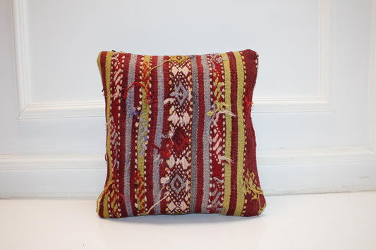 Striped Anatolian Rug Cushion, Tribal Boho Decor, Handmade Ethnic Kilim Pillow(16x16 in)