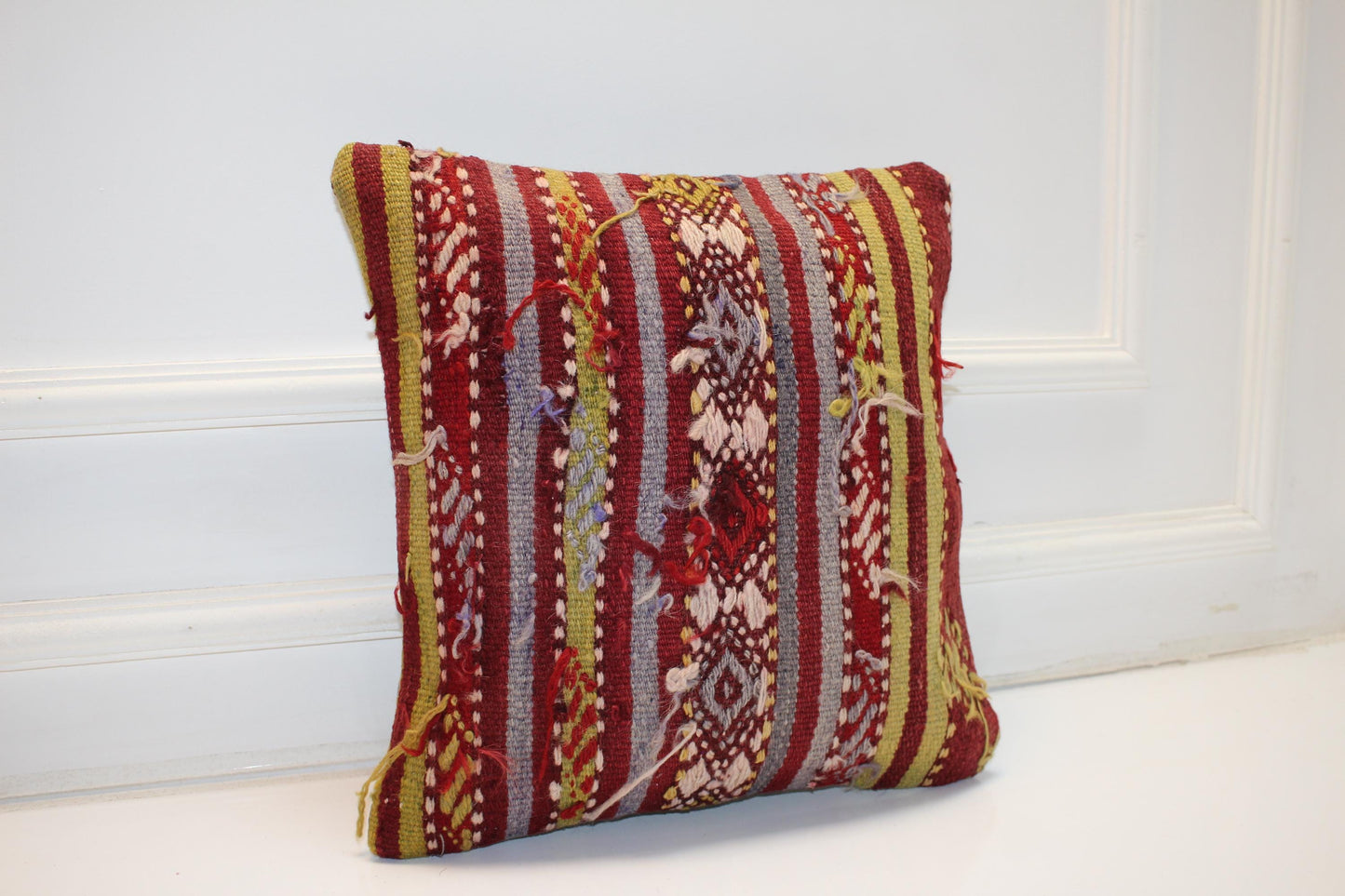 Striped Anatolian Rug Cushion, Tribal Boho Decor, Handmade Ethnic Kilim Pillow(16x16 in)