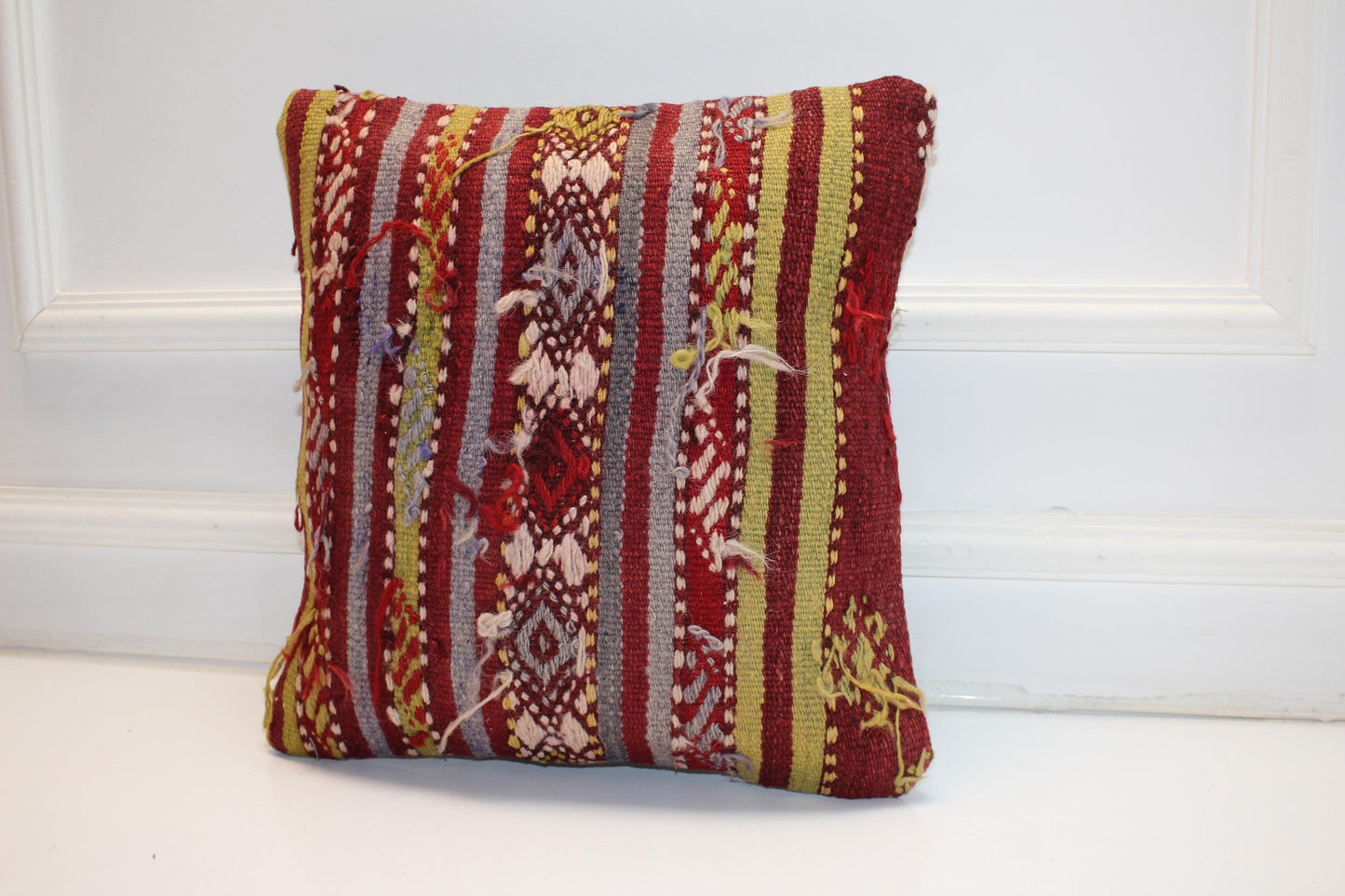 Striped Anatolian Rug Cushion, Tribal Boho Decor, Handmade Ethnic Kilim Pillow(16x16 in)
