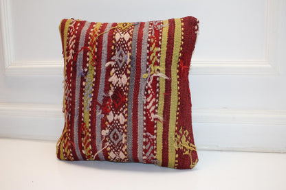 Striped Anatolian Rug Cushion, Tribal Boho Decor, Handmade Ethnic Kilim Pillow(16x16 in)