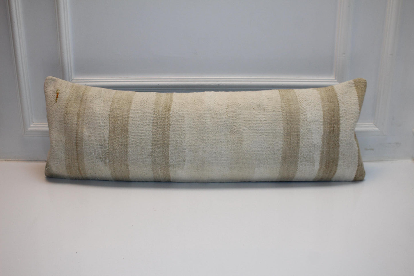 Neutral Striped Kilim Lumbar Pillow Cover, Soft Wool Woven Rug, (12x36 inch)