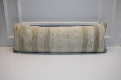 Neutral Striped Kilim Lumbar Pillow Cover, Soft Wool Woven Rug, (12x36 inch)