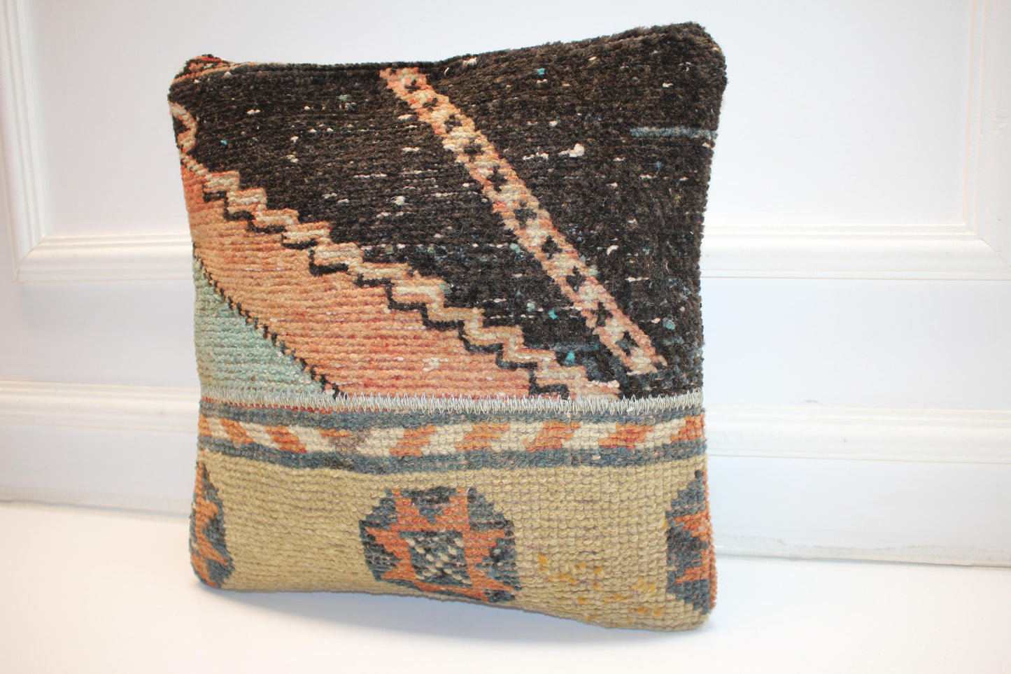 Patchwork Anatolian Rug Cushion, Tribal Boho Decor, Earth Tone Handmade Kilim Pillow(16x16 in)