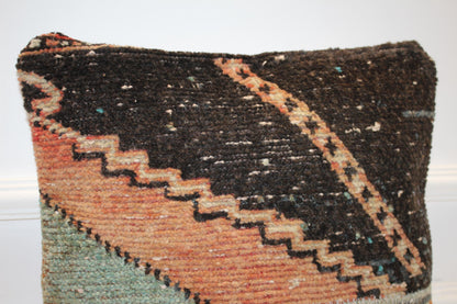 Patchwork Anatolian Rug Cushion, Tribal Boho Decor, Earth Tone Handmade Kilim Pillow(16x16 in)