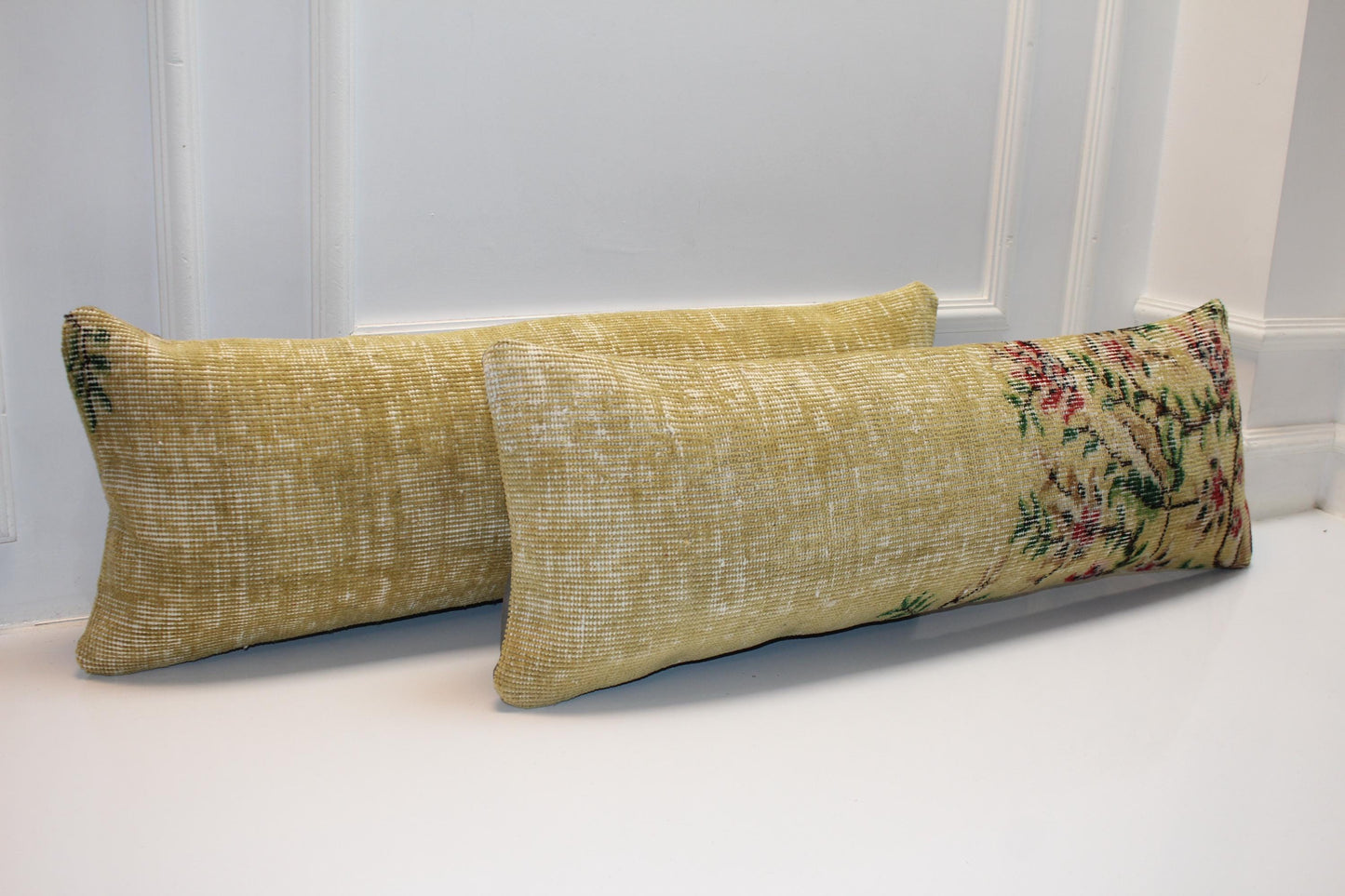 Set of 2 Vintage Floral Kilim Lumbar Pillows 12x48, Soft Yellow Botanical Rug Cushions, Long Bench Accent (12x36)