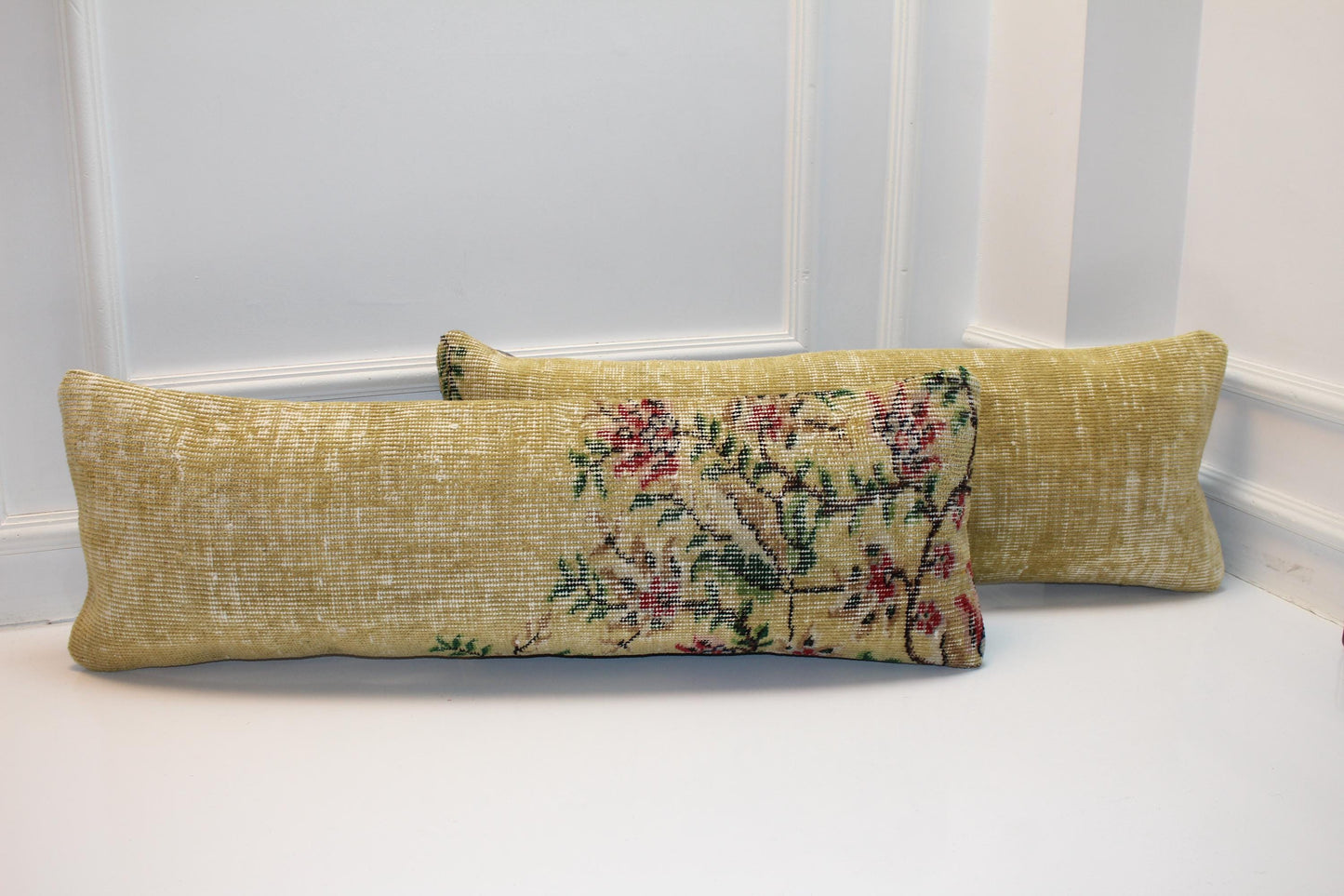 Set of 2 Vintage Floral Kilim Lumbar Pillows 12x48, Soft Yellow Botanical Rug Cushions, Long Bench Accent (12x36)