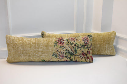 Set of 2 Vintage Floral Kilim Lumbar Pillows 12x48, Soft Yellow Botanical Rug Cushions, Long Bench Accent (12x36)