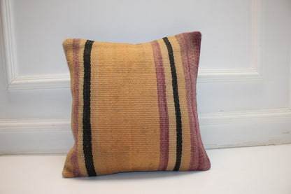 Striped Kilim Pillow Cover, Boho Earth Tone Rug Cushion (16x16 in)