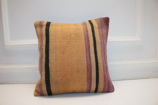Striped Kilim Pillow Cover, Boho Earth Tone Rug Cushion (16x16 in)