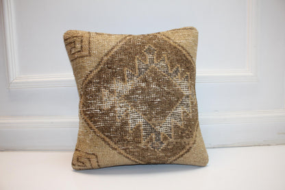 Neutral Anatolian Rug Cushion, Rustic Boho Decor, Earth Tone Handmade Kilim Pillow(16x16 in)