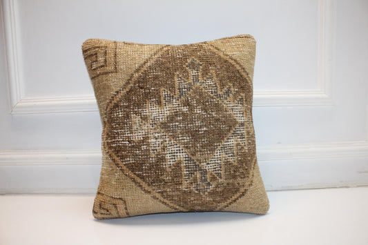 Neutral Anatolian Rug Cushion, Rustic Boho Decor, Earth Tone Handmade Kilim Pillow(16x16 in)