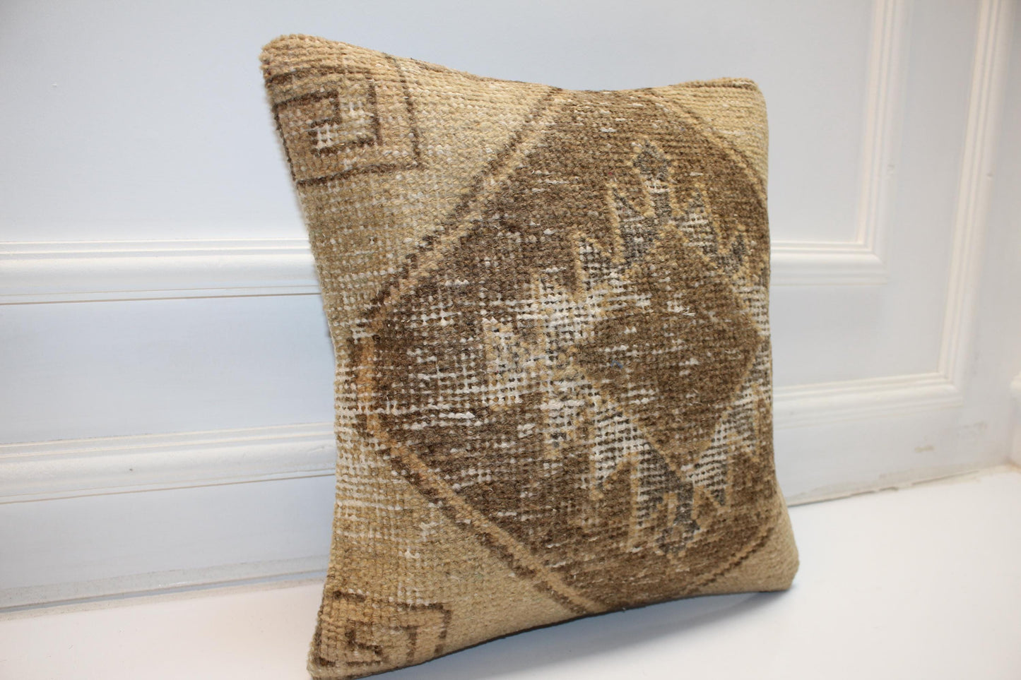 Neutral Anatolian Rug Cushion, Rustic Boho Decor, Earth Tone Handmade Kilim Pillow(16x16 in)