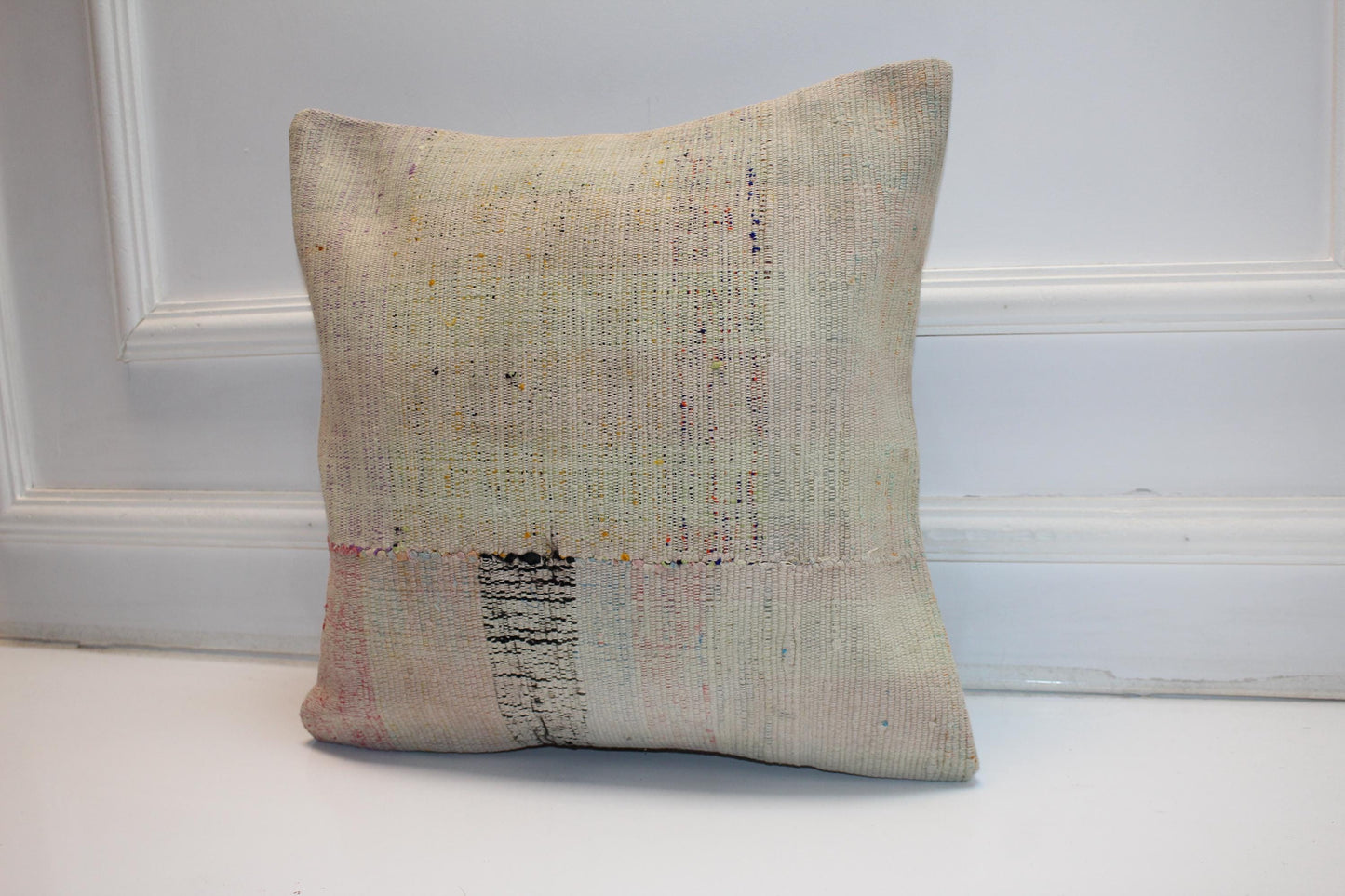Neutral Anatolian Kilim Pillow, Boho Wabi Sabi Decor (16x16 in)