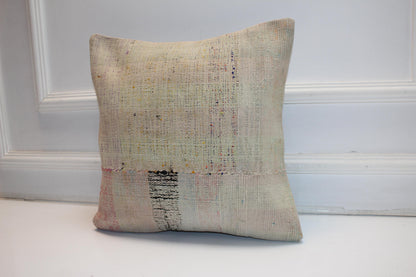 Neutral Anatolian Kilim Pillow, Boho Wabi Sabi Decor (16x16 in)