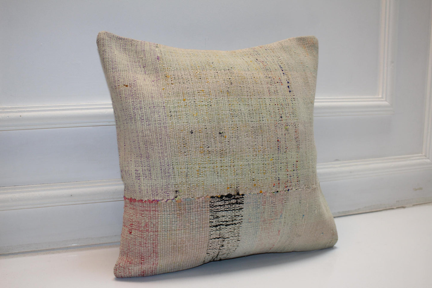 Neutral Anatolian Kilim Pillow, Boho Wabi Sabi Decor (16x16 in)