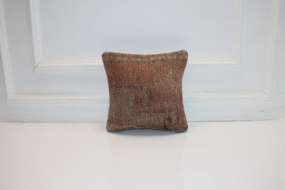 Muted Earth Tone Turkish Rug Cushion, Minimal Rustic Boho Decor 12x12 inch