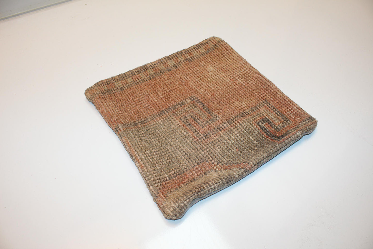 Muted Earth Tone Turkish Rug Cushion, Minimal Rustic Boho Decor 12x12 inch