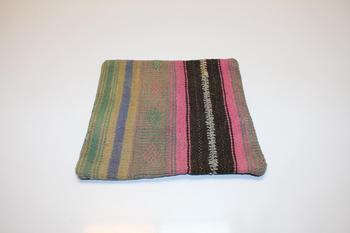 Colorful Turkish Rug Cushion with Pink & Green Tones, Boho Eclectic Decor  12x12 inch