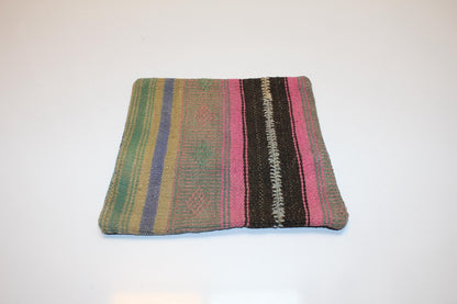 Colorful Turkish Rug Cushion with Pink & Green Tones, Boho Eclectic Decor  12x12 inch