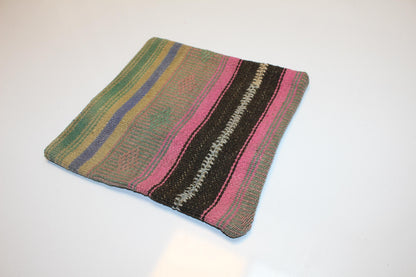 Colorful Turkish Rug Cushion with Pink & Green Tones, Boho Eclectic Decor  12x12 inch