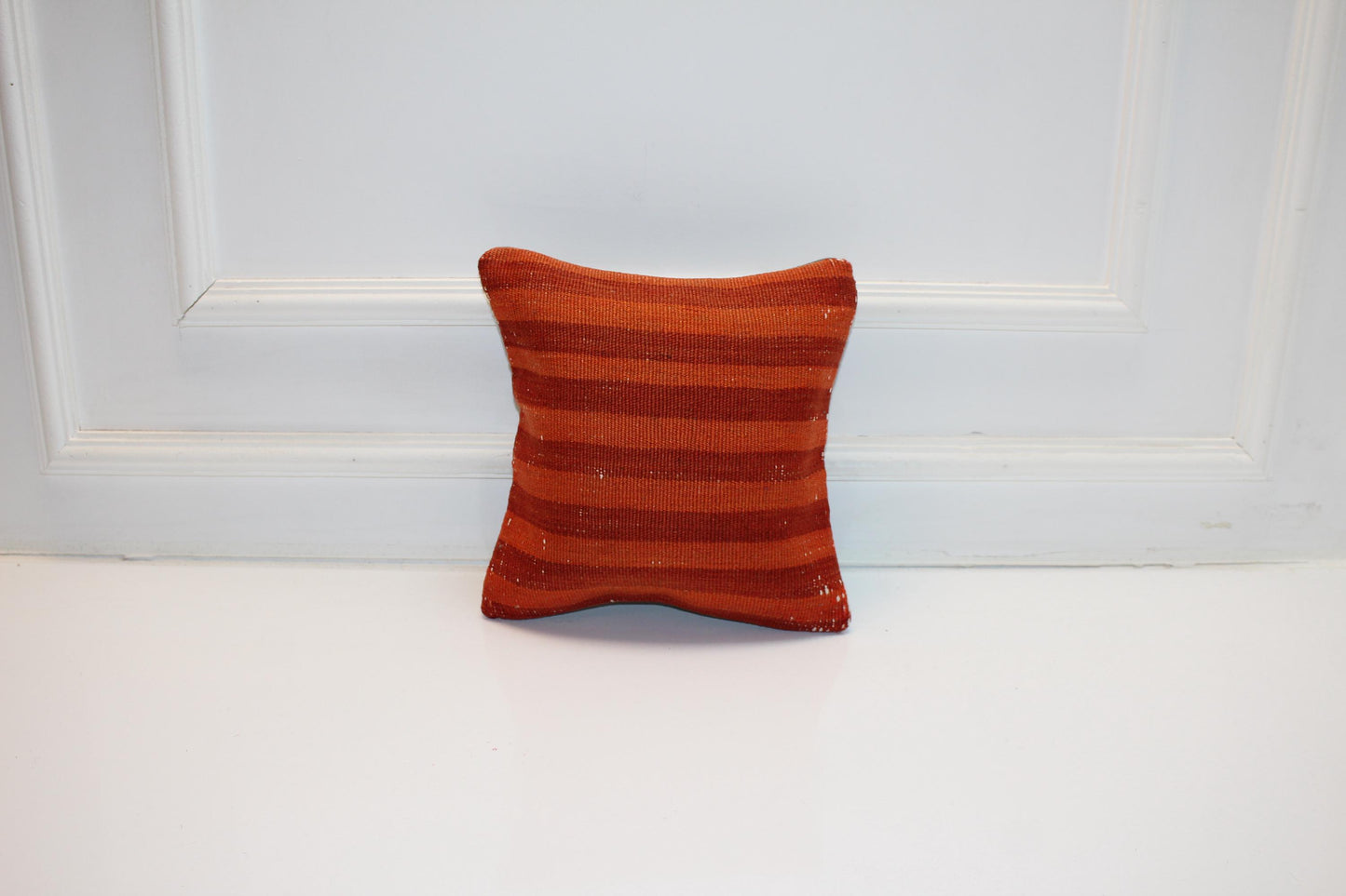 Burnt Orange Turkish Rug Cushion with Warm Earth Tones, Rustic Boho Decor 12x12 inch