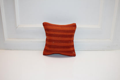 Burnt Orange Turkish Rug Cushion with Warm Earth Tones, Rustic Boho Decor 12x12 inch
