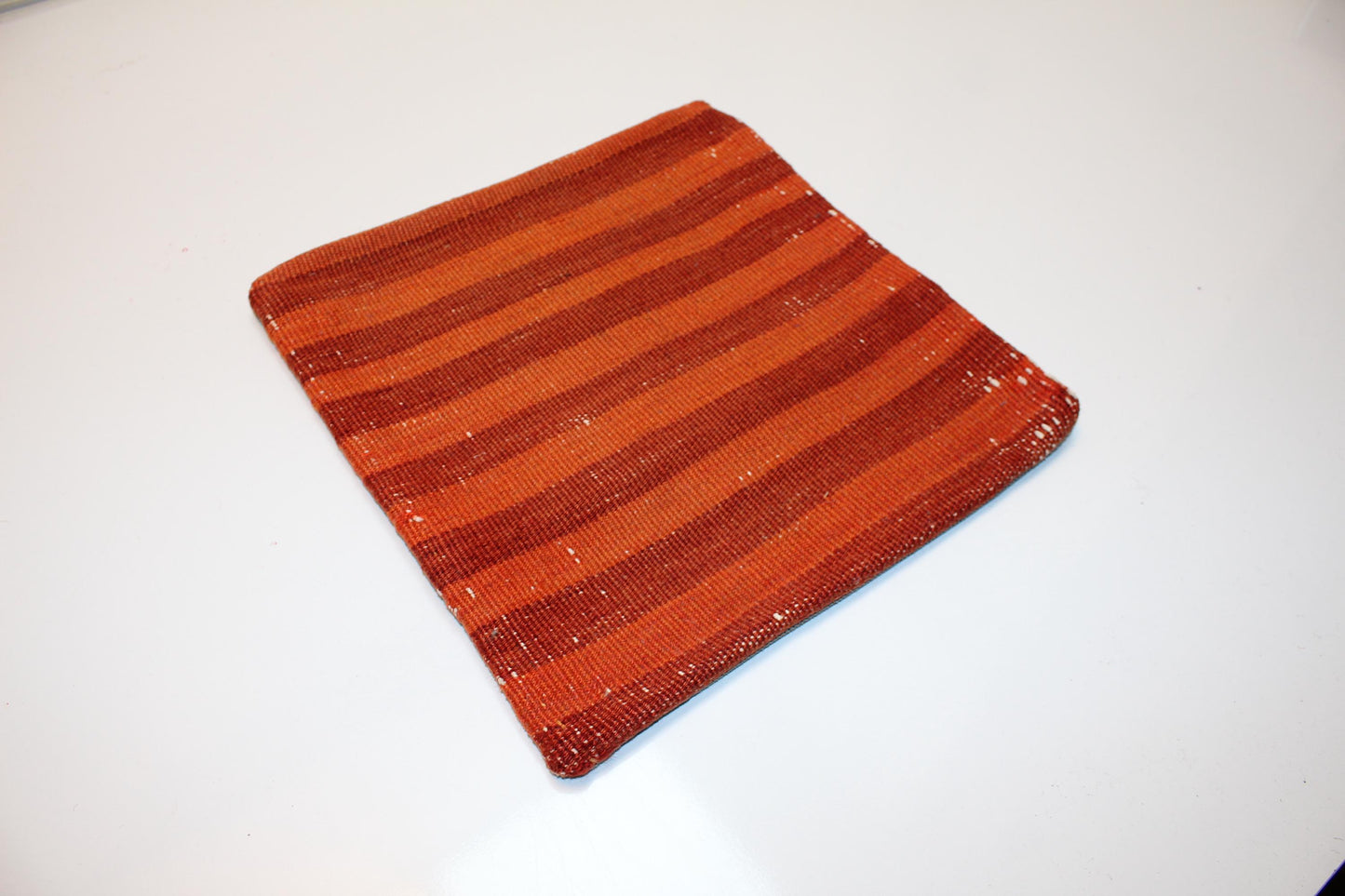 Burnt Orange Turkish Rug Cushion with Warm Earth Tones, Rustic Boho Decor 12x12 inch