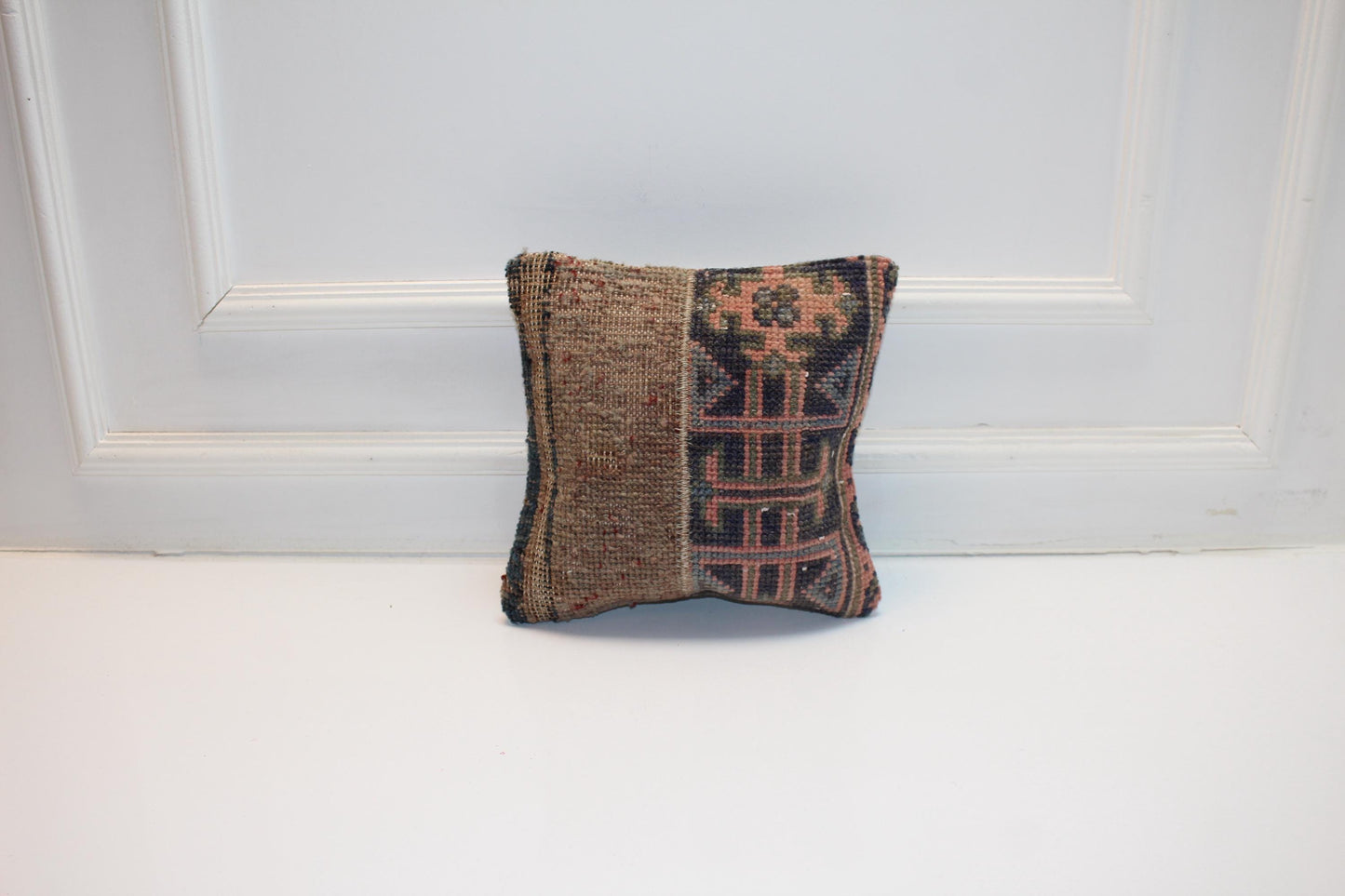 Anatolian Tribal Turkish Rug Cushion with Geometric Motifs, Rustic Boho Decor 12x12 inch