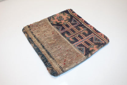 Anatolian Tribal Turkish Rug Cushion with Geometric Motifs, Rustic Boho Decor 12x12 inch