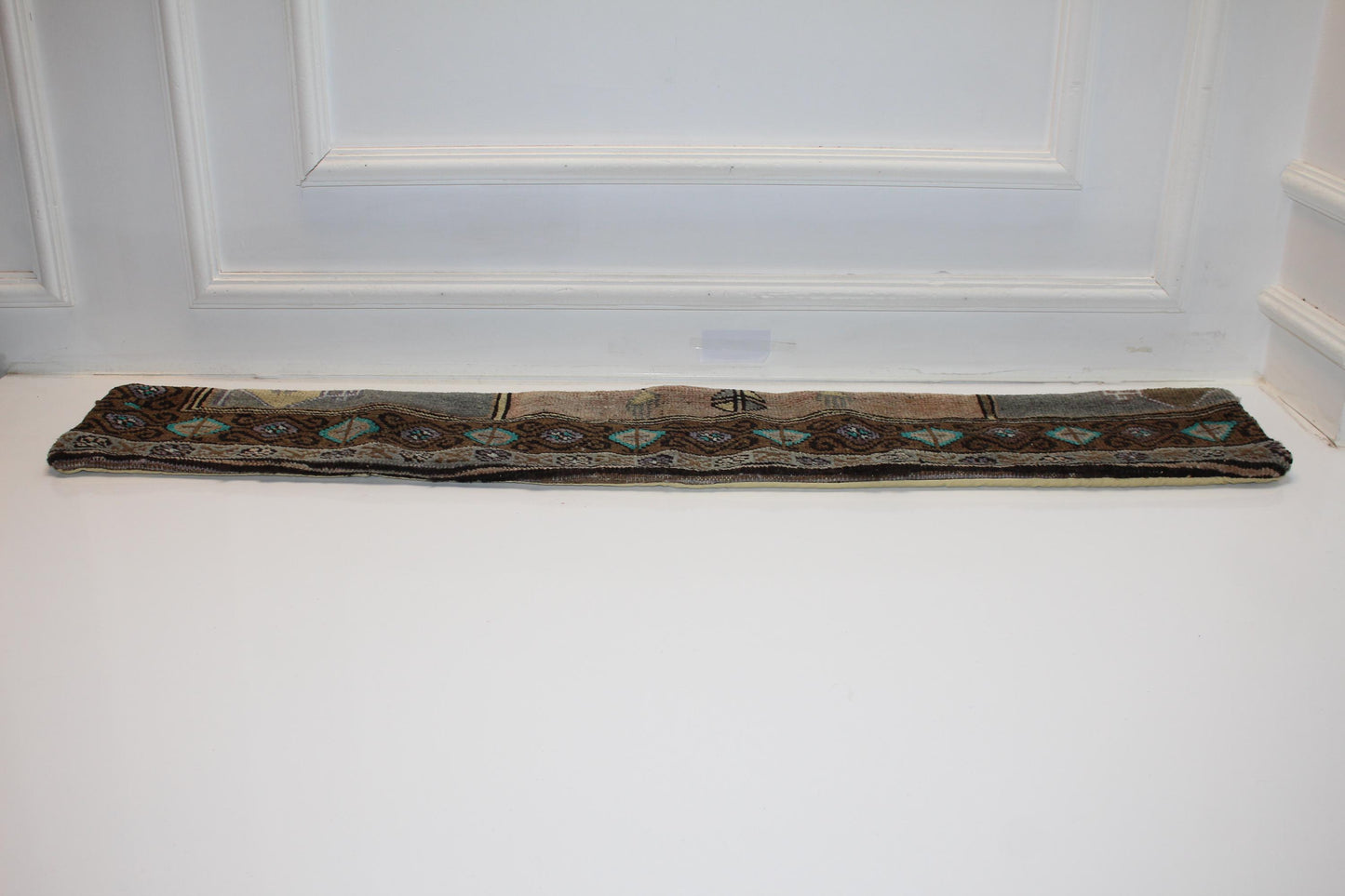 Long Tribal Rug Bench Cushion with Teal Geometric Motifs, Rustic Boho Entryway Decor