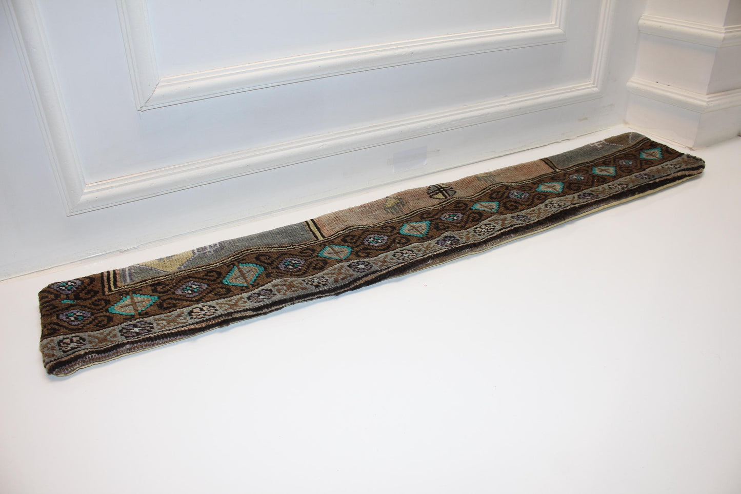 Long Tribal Rug Bench Cushion with Teal Geometric Motifs, Rustic Boho Entryway Decor