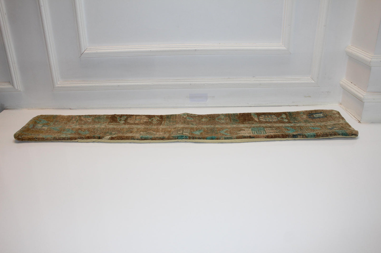 Long Antique Rug Bench Cushion with Soft Teal Motifs, Neutral Boho Entryway Decor