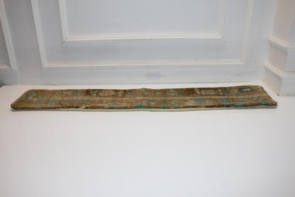 Long Antique Rug Bench Cushion with Soft Teal Motifs, Neutral Boho Entryway Decor