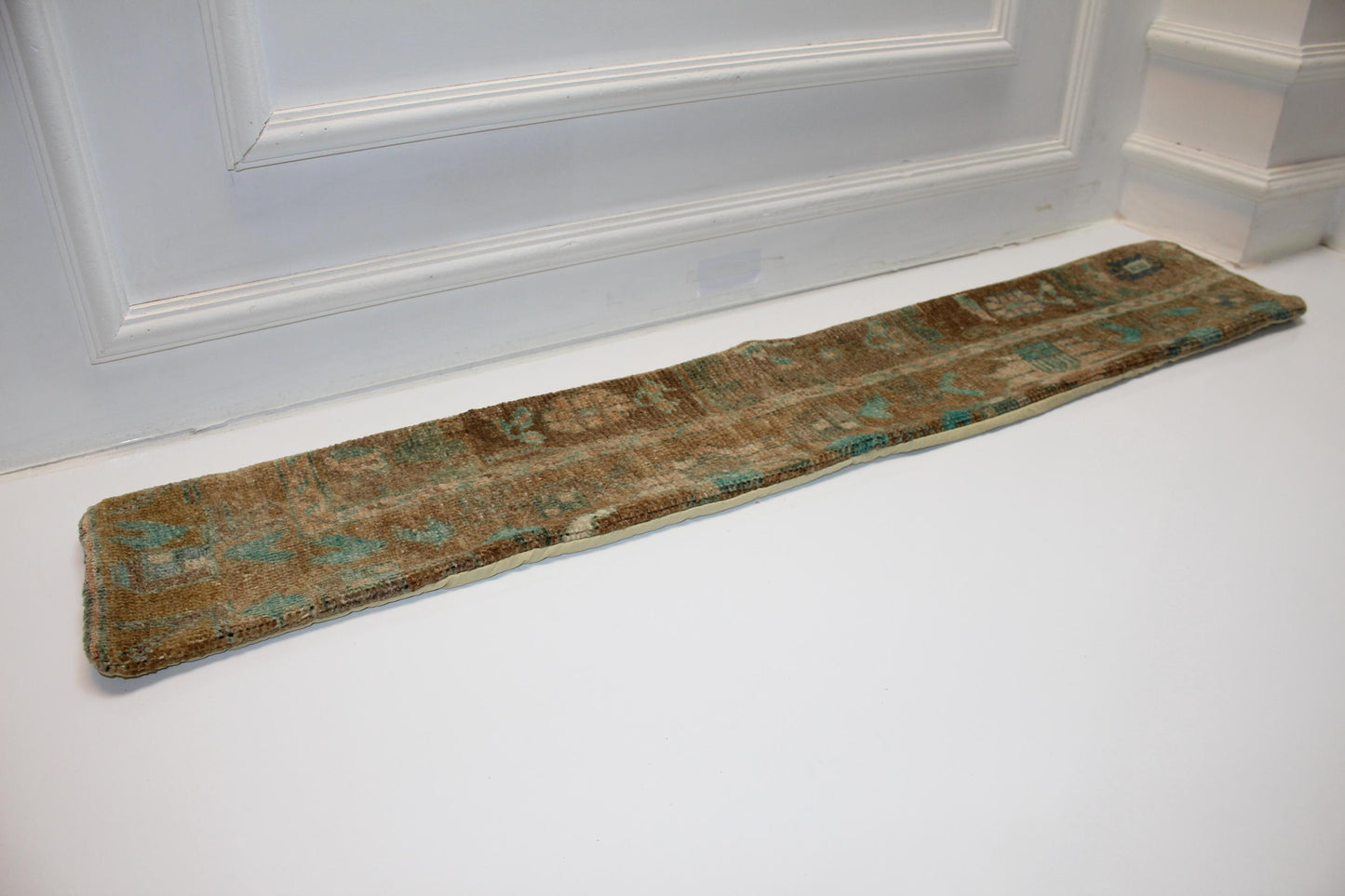 Long Antique Rug Bench Cushion with Soft Teal Motifs, Neutral Boho Entryway Decor