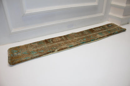 Long Antique Rug Bench Cushion with Soft Teal Motifs, Neutral Boho Entryway Decor