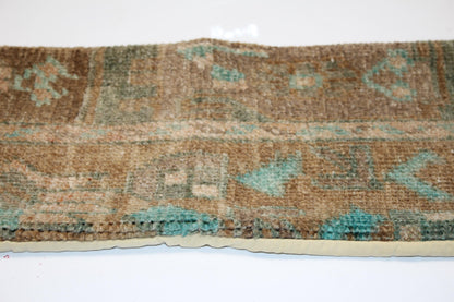 Long Antique Rug Bench Cushion with Soft Teal Motifs, Neutral Boho Entryway Decor