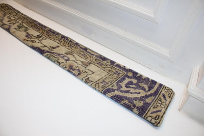 Long Antique Rug Bench Cushion with Soft Purple Motifs, Neutral Boho Entryway Decor