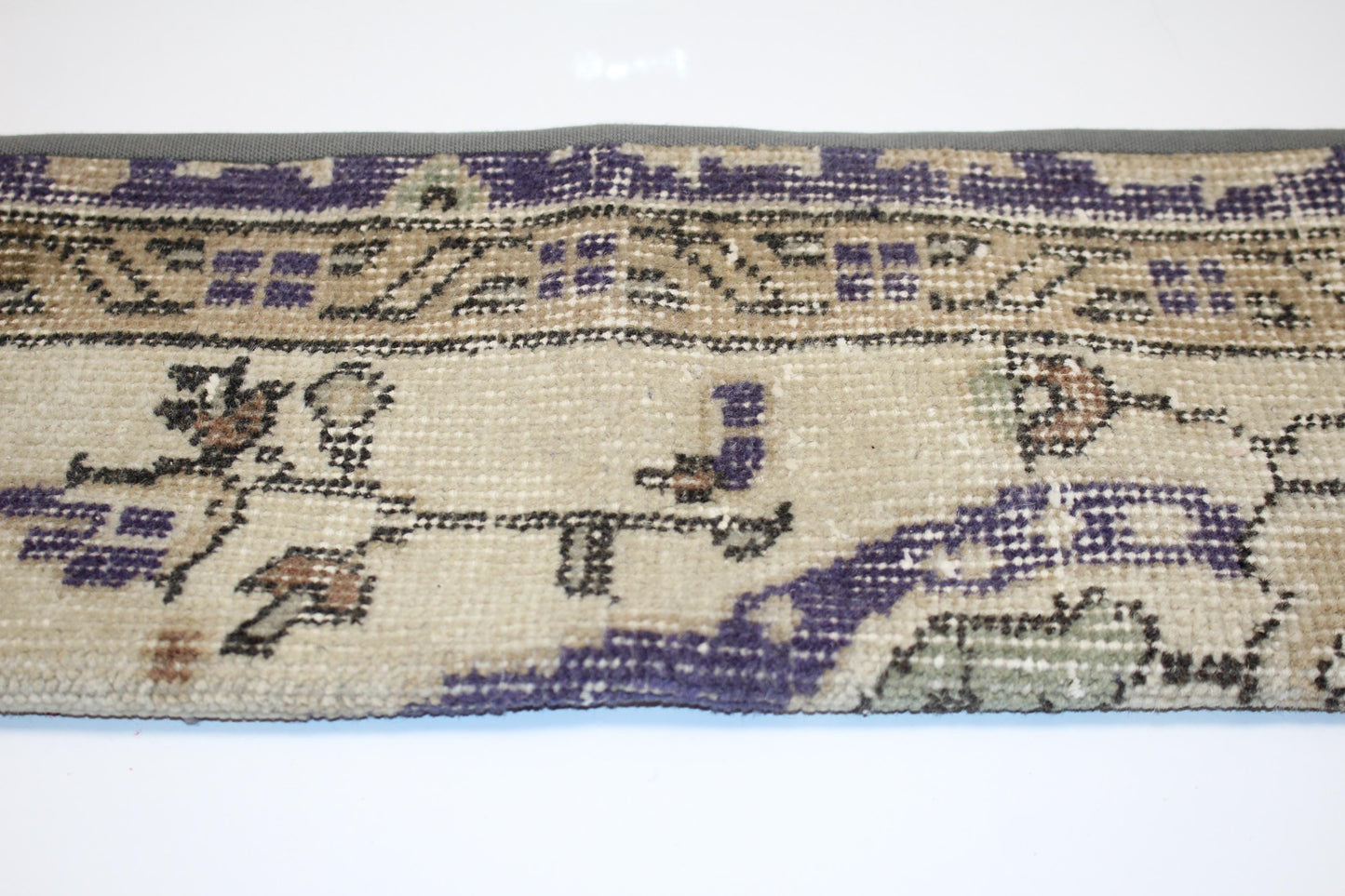 Long Antique Rug Bench Cushion with Soft Purple Motifs, Neutral Boho Entryway Decor