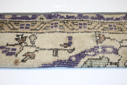 Long Antique Rug Bench Cushion with Soft Purple Motifs, Neutral Boho Entryway Decor