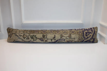 Long Antique Rug Bench Cushion with Soft Purple Motifs, Neutral Boho Entryway Decor