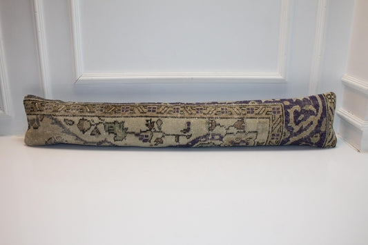 Long Antique Rug Bench Cushion with Soft Purple Motifs, Neutral Boho Entryway Decor
