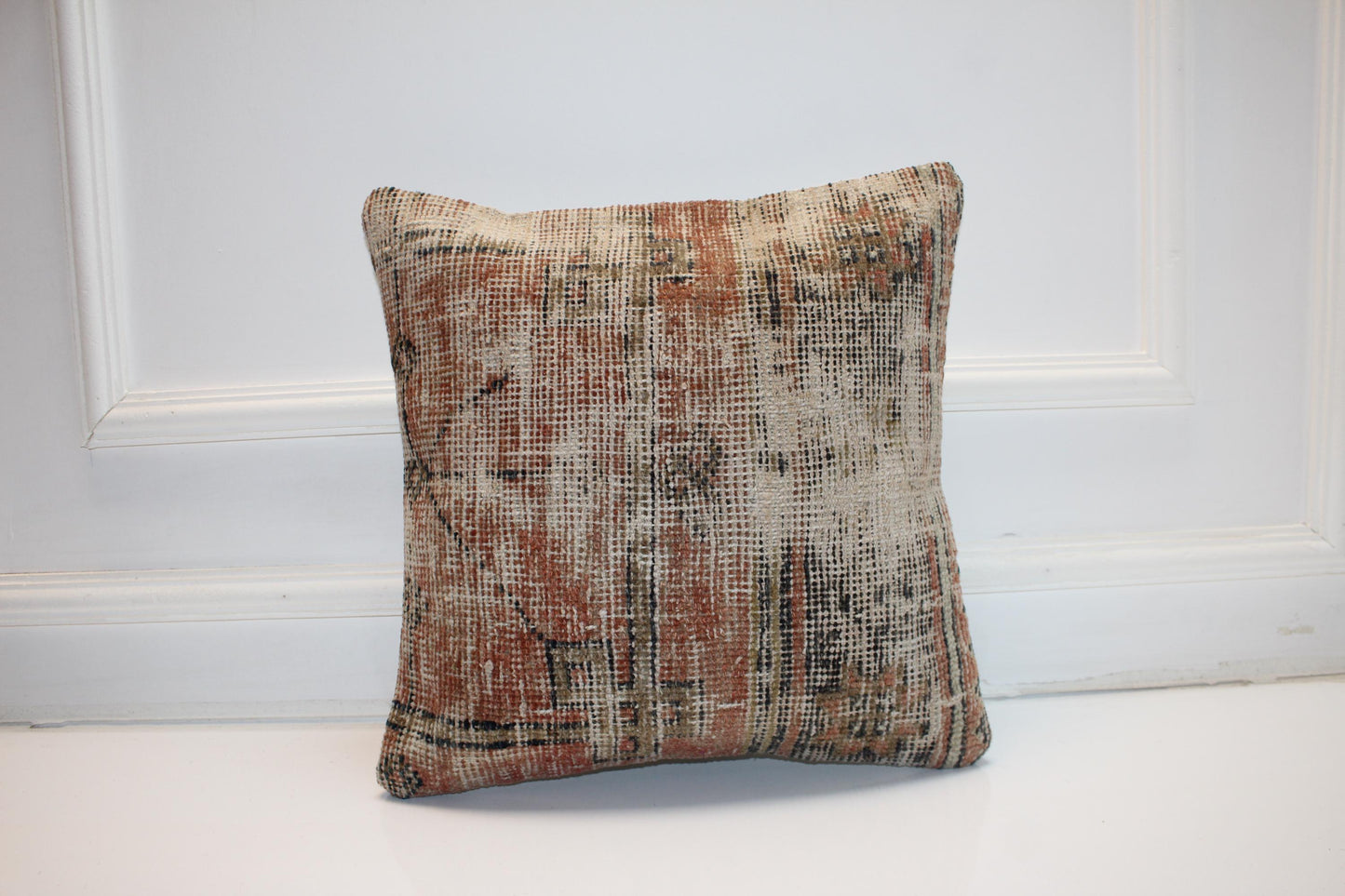 Rustic Earth Tone Cushion, Faded Anatolian Rug Pillow, Boho Farmhouse Decor(16x16 in)