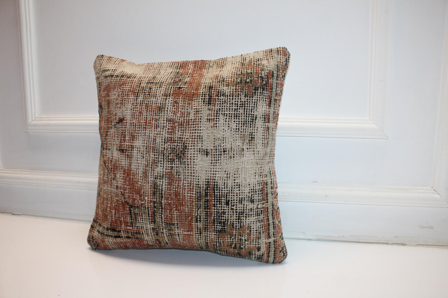 Rustic Earth Tone Cushion, Faded Anatolian Rug Pillow, Boho Farmhouse Decor(16x16 in)