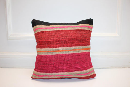 Vintage Handwoven Kilim Pillow Cover, Striped Anatolian Rug, 16x16 Boho Decor