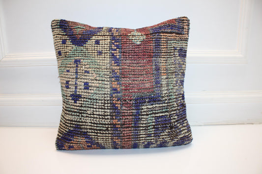 Vintage Turkish Kilim Pillow Cover, Textured Blue Green Cushion, Faded Anatolian Rug Pillow, Modern Rustic Decor(16x16 in)