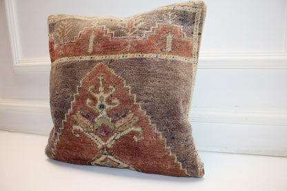 Vintage Turkish Kilim Pillow Cover, Earth Tone Rug Cushion (16x16 in)