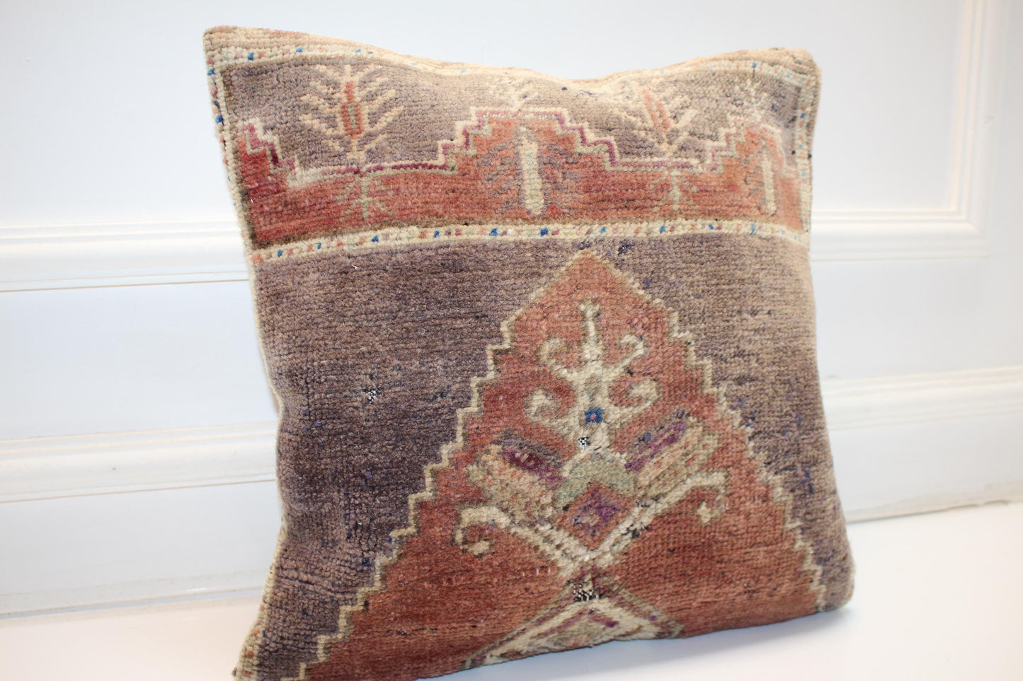 Vintage Turkish Kilim Pillow Cover, Earth Tone Rug Cushion (16x16 in)