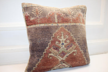 Vintage Turkish Kilim Pillow Cover, Earth Tone Rug Cushion (16x16 in)