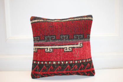 Vintage Turkish Kilim Pillow Cover, Red Tribal Woven Rug Cushion (16x16 in)